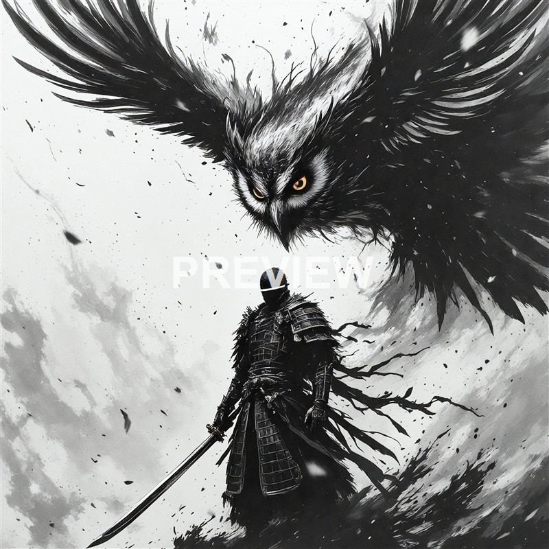 A dark, armored warrior holding a sword stands on a desolate landscape with a massive, menacing black owl-like creature with glowing eyes and outstretched wings hovering above him.